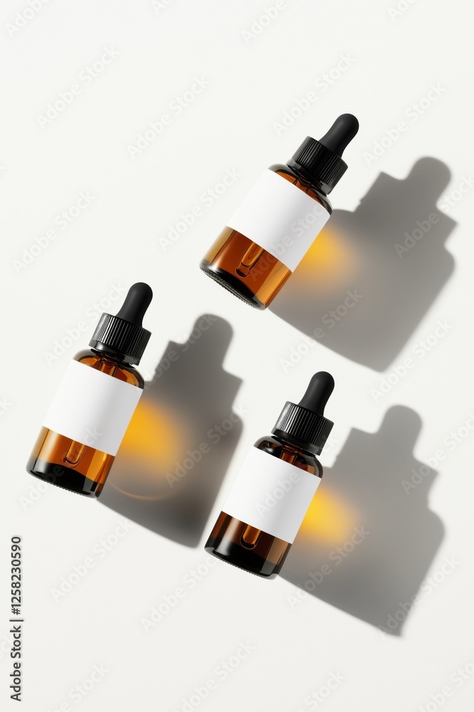 Minimalist amber dropper bottles with blank labels on a white background, perfect for branding and product mockups. Minimalist amber dropper bottles with blank labels on a white background, perfect for branding and product mockups.