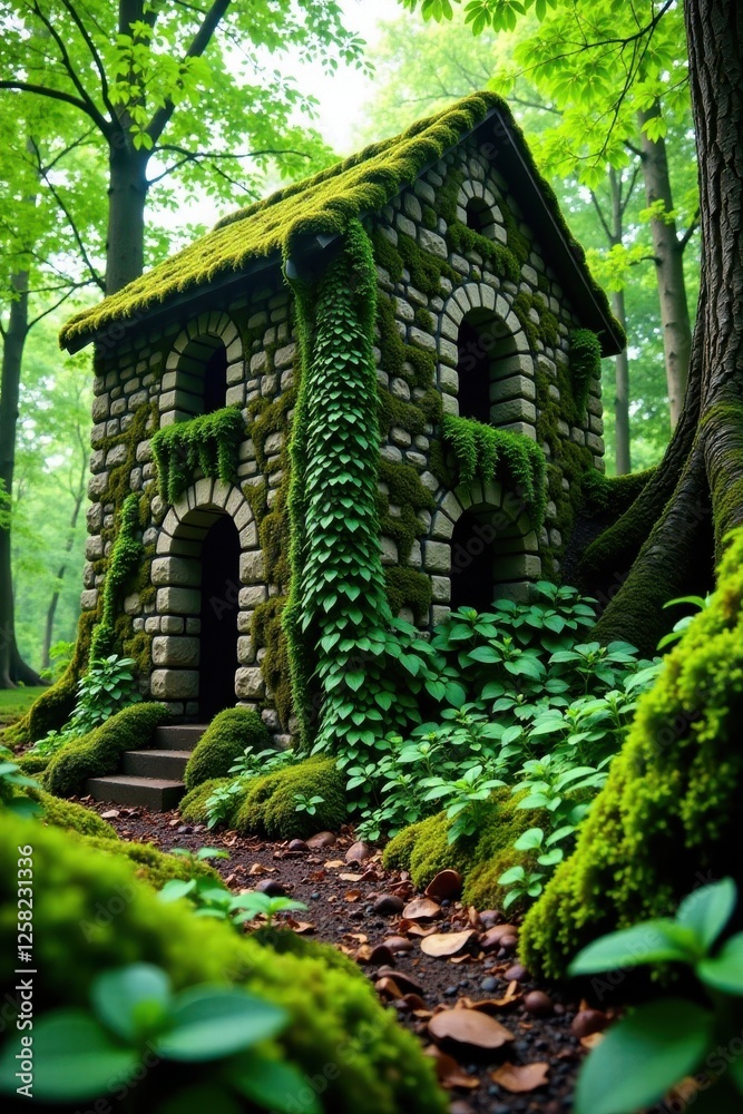 Overgrown moss and vines covering a stone building in the forest, nature, natural growth Overgrown moss and vines covering a stone building in the forest, nature, natural growth
