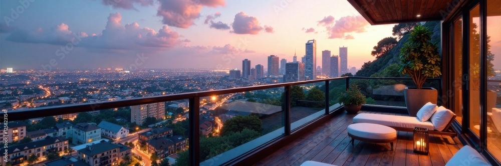 Obraz premium Contemporary apartment balcony with cityscape, luxurious living, modern apartments