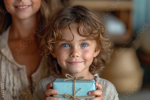 Mother day, Mom and son are happy,giving a gift photo