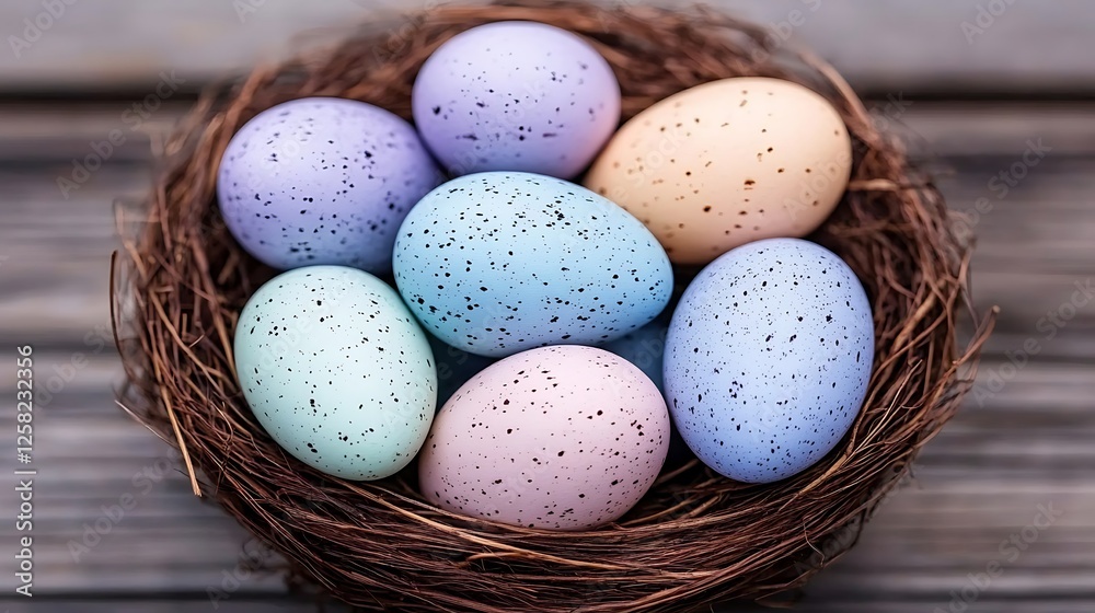 Speckled Easter Eggs Nestled Harmoniously in a Bed of Twigs in a Celebration of the Spring Season Speckled Easter Eggs Nestled Harmoniously in a Bed of Twigs in a Celebration of the Spring Season