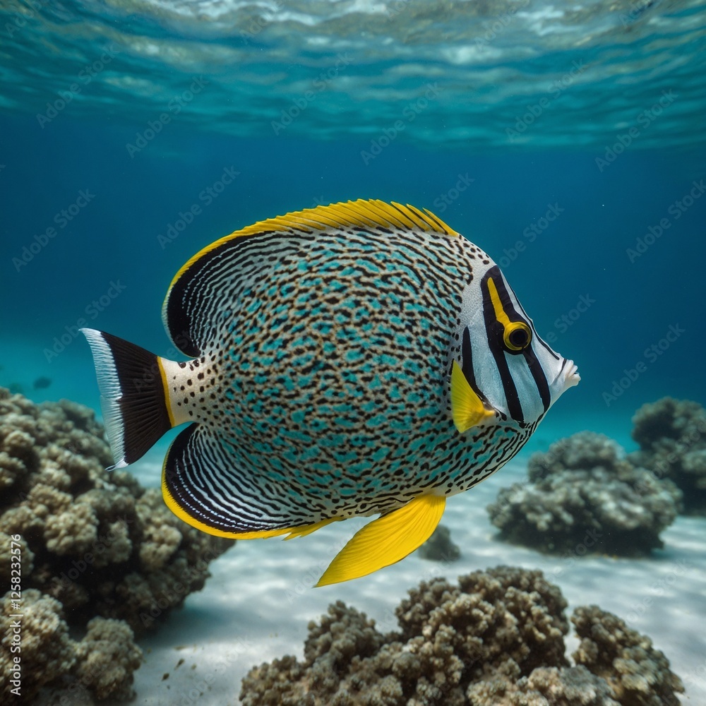Fototapeta premium A butterflyfish with intricate patterns swimming in turquoise waters.