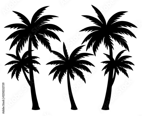 Black Palm Trees Set Isolated On White Background. Palm Silhouettes. Design Of Palm Trees For Posters, Banners, And Promotional Items. Vector Illustration.