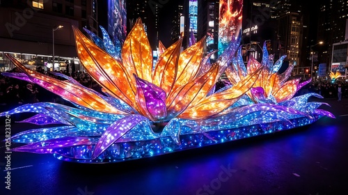 Spectacular Illuminated Nighttime Floral Display in an Urban Setting at Night on City Street