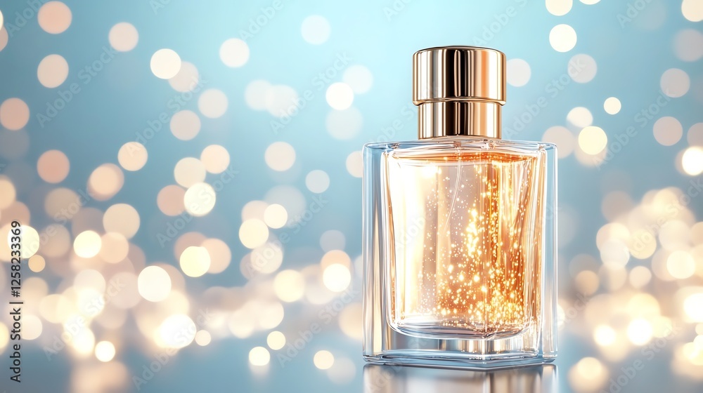 A luxurious perfume bottle with sparkling golden liquid, set against a soft blue background with bokeh lights.