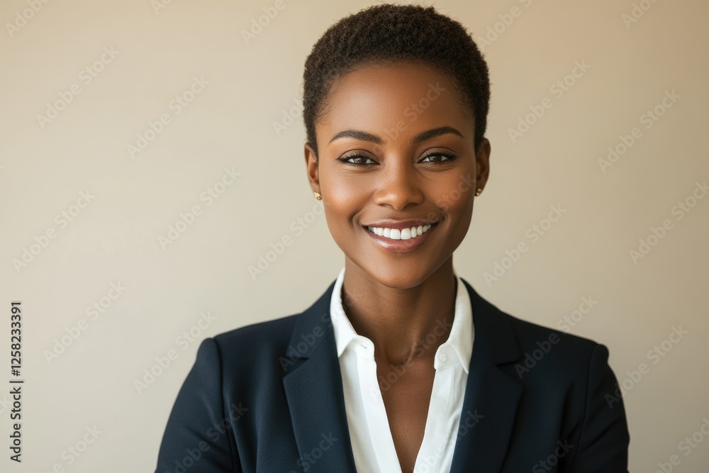 A smiling Black businesswoman in a dark suit, exuding confidence and professionalism. A smiling Black businesswoman in a dark suit, exuding confidence and professionalism.