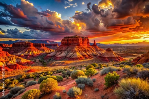 Majestic Wickiup Plateau Landscape, Utah - Dramatic Sunset Over Red Rock Formations photo