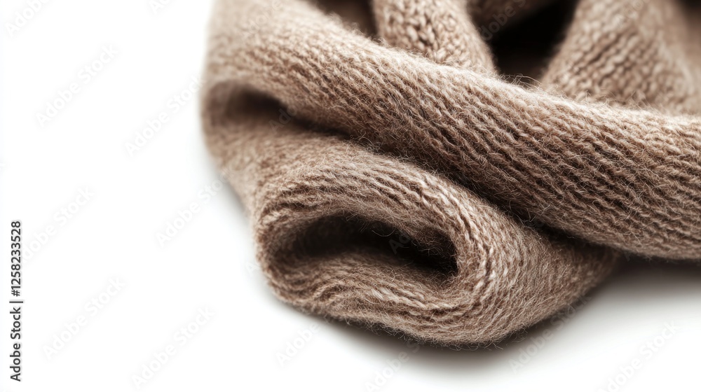 Soft brown wool scarf texture close-up; white background; winter warmth Soft brown wool scarf texture close-up; white background; winter warmth