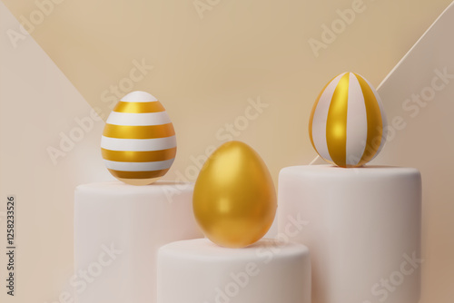 3d render easter three gold podium, egg banner. Three-dimensional vector illustration. Greeting poster for celebration, springtime holiday, kids hunt or design for sale advertising. Modern template