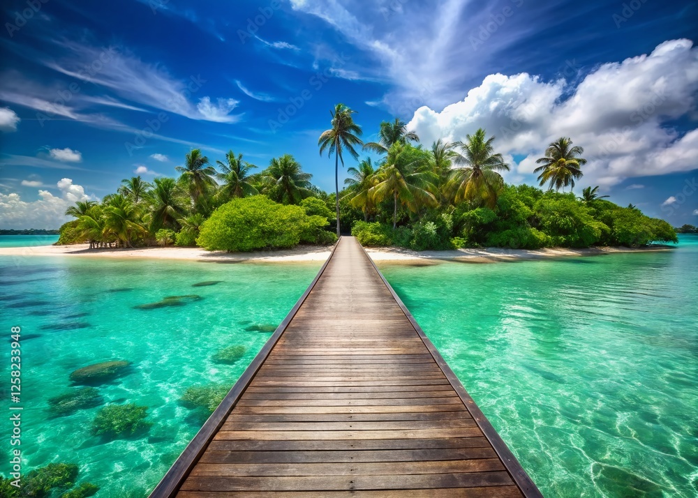 Maldives Tropical Island Jetty Panoramic - Stunning Ocean View Stock Photo Maldives Tropical Island Jetty Panoramic - Stunning Ocean View Stock Photo
