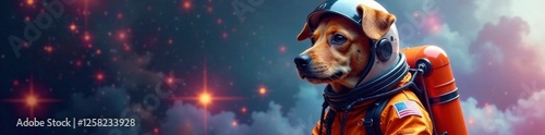 Cosmonaut dog in space suit with helmet and oxygen tank, space travel, astronaut, space suit
