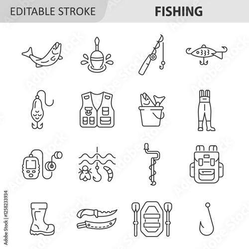 Fishing line icon set. Collection with fish, knife, backpack, inflatable boat, ice pick, hook, float, fishing lure, echo sounder, unloading vest, fishing rod. Editable stroke. Vector collection.