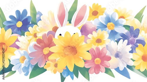 Springtime Easter Bunny Peeking Out From Daisy Garden Watercolor Illustration Celebration Artwork photo