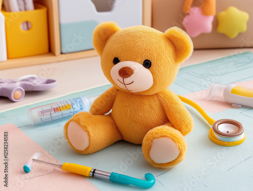 Children’s doctor kit with toy stethoscope, syringe, and thermometer next to plush bear on pastel play mat, with soft natural lighting creating a cozy, friendly pediatric care atmosphere photo