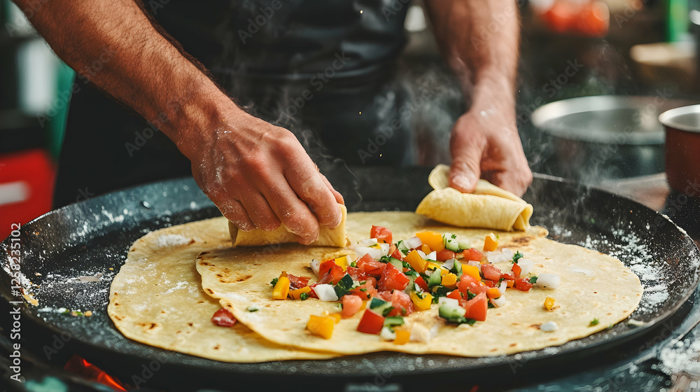 Hands making rolled tortilla wraps with vegetables and meat at a street food market Hands making rolled tortilla wraps with vegetables and meat at a street food market
