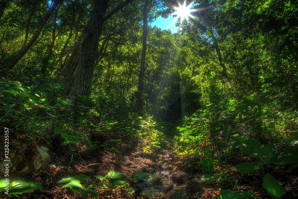 Fototapeta premium Sunbeams illuminate a lush green forest, a tranquil stream flows through the dense undergrowth.