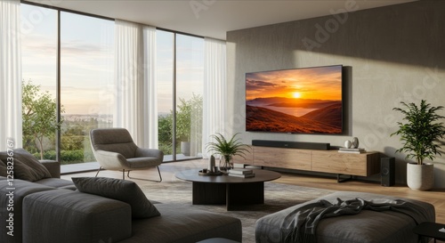 Soundbar under TV. Modern living room. Sunset scene