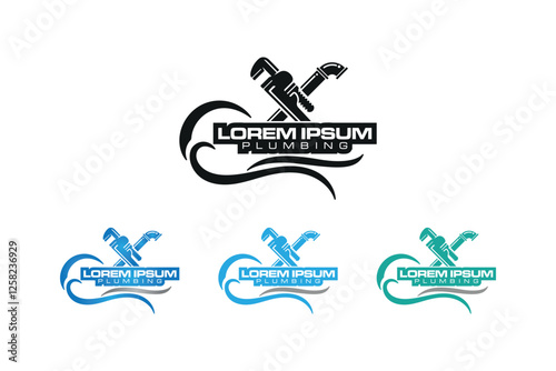 Modern Plumbing Logo with Wrench, Pipe, and Flowing Water Elements