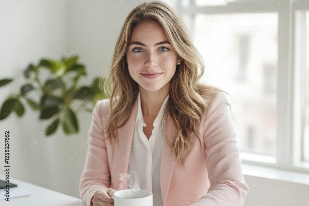 A young businesswoman smiles confidently while holding a warm drink in her office. A young businesswoman smiles confidently while holding a warm drink in her office.