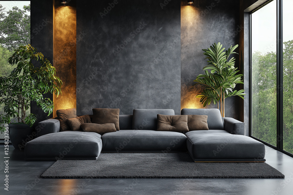 Photographie immobilière d'un salon moderne contemporain avec des murs en béton, du mobilier design et un éclairage d’ambiance doux Photographie immobilière d'un salon moderne contemporain avec des murs en béton, du mobilier design et un éclairage d’ambiance doux