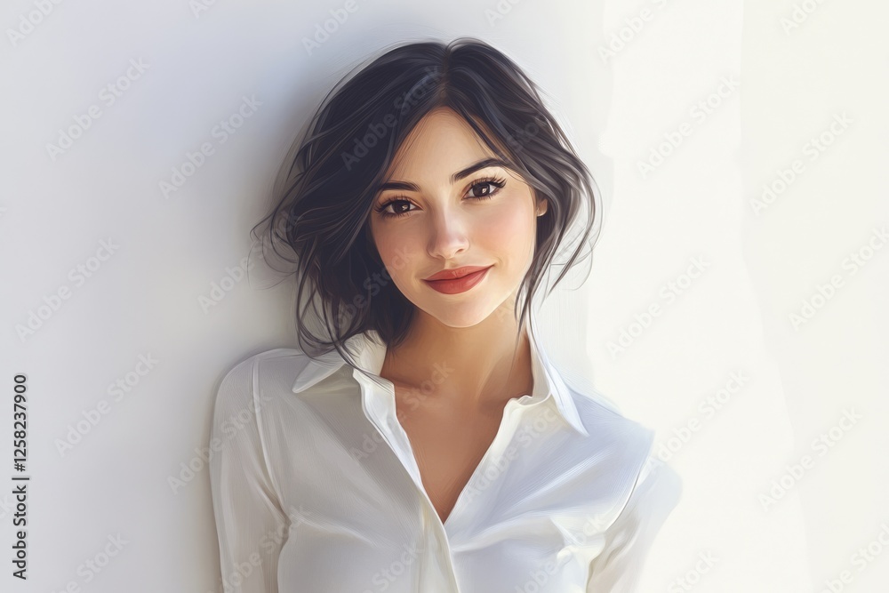A digitally painted portrait of a young woman with dark hair, wearing a white shirt, smiling subtly against a white background. A digitally painted portrait of a young woman with dark hair, wearing a white shirt, smiling subtly against a white background.