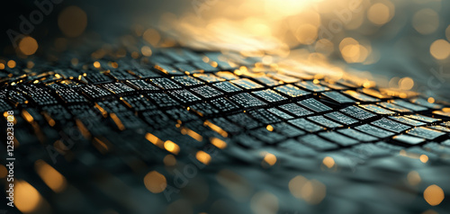 Digital grid with floating code, representing secure communication and technology. image captures mesmerizing blend of light and texture, evoking sense of innovation and connectivity
