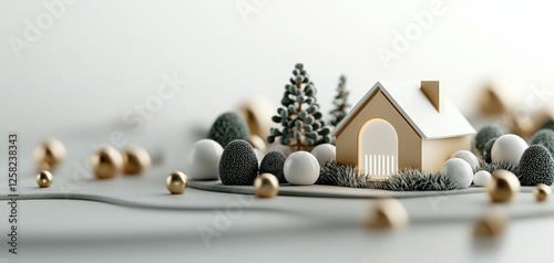 cozy miniature house surrounded by decorative trees and spheres, creating serene winter scene. soft colors and textures evoke sense of warmth and tranquility