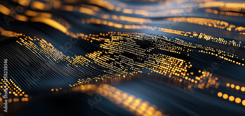 Digital abstract circuit lines with glowing dots create mesmerizing wave effect, showcasing blend of technology and art. This captures essence of modern digital landscapes