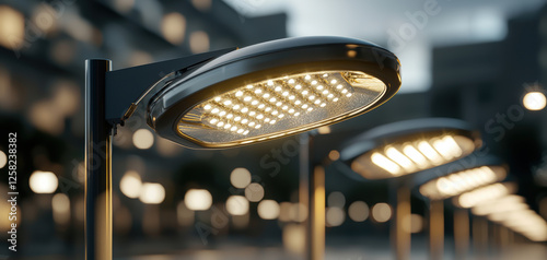 Modern solar powered streetlights illuminate urban setting, showcasing energy efficiency and advanced design. Their sleek appearance enhances nighttime ambiance