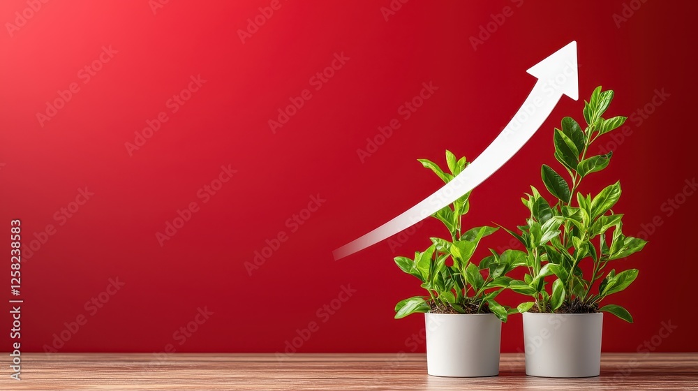 Fototapeta premium Green Plants in White Pots with Growth Arrow on Red Background