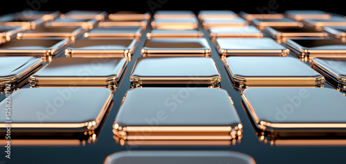 Shiny metallic tiles arranged in grid pattern, reflecting light beautifully. advanced design showcases modern aesthetics and high tech appeal, perfect for various applications