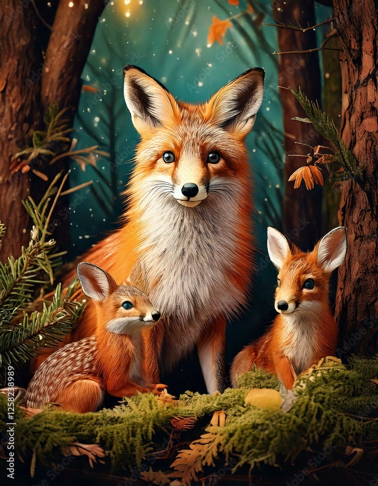 Obraz premium Cute Woodland Creatures – Foxes, deer, and rabbits in cozy settings