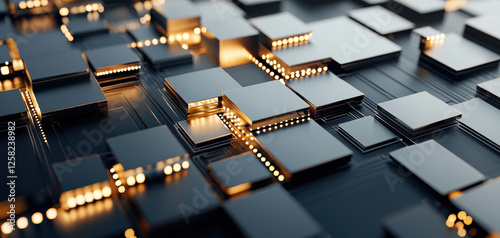 Abstract circuit lines with glowing elements create futuristic digital landscape, showcasing intricate patterns and technology. interplay of light and shadow adds depth and intrigue