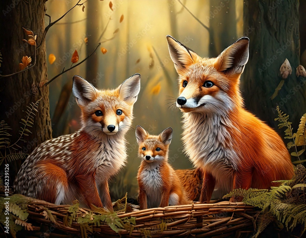 Obraz premium Cute Woodland Creatures – Foxes, deer, and rabbits in cozy settings