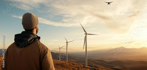 person observing wind turbines and drone flying in scenic landscape at sunset. serene atmosphere highlights renewable energy and technology