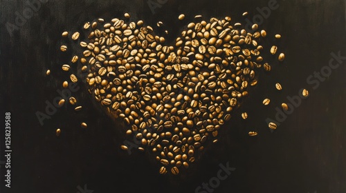 A creative arrangement of coffee beans in the shape of a heart against a dark background, symbolizing love for coffee and culinary artistry.