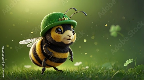 Cute bee in a green hat joyfully celebrating St. Patrick's Day, surrounded by vibrant clovers, capturing the holiday spirit with whimsy and charm photo