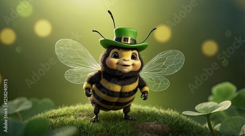 Happy bee in a St. Patrick's Day green hat, surrounded by lucky clovers, celebrating the holiday with a joyful and whimsical charm