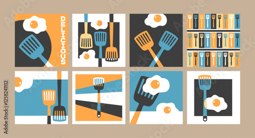 Restaurant menu template collection, square omelet and spatula card design, abstract cartoon kitchenware vector set