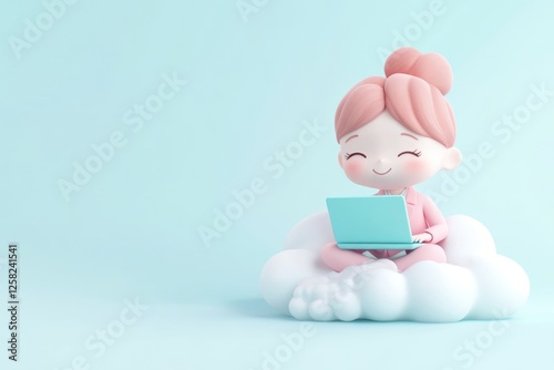 A cheerful cartoon girl sits on a cloud, happily working on her teal laptop.
