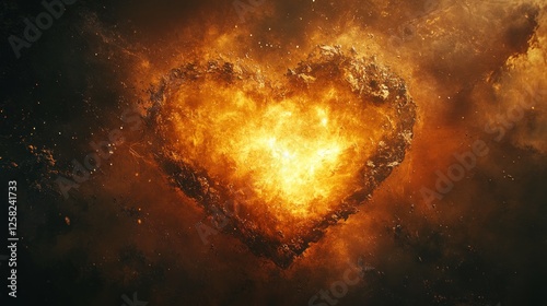 Fiery heart exploding in dark space; passion, love, destruction concept