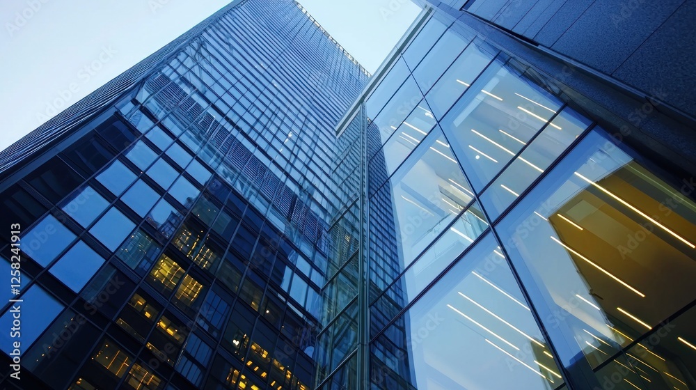 Cityscape, glass skyscrapers, low angle, twilight, urban development, corporate Cityscape, glass skyscrapers, low angle, twilight, urban development, corporate