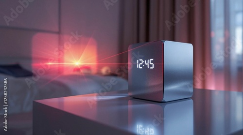 A digital clock sitting atop a glass table, with a blurred background suggesting a domestic setting. The clock has a sleek, modern design with a digital display, and the table reflects the clock, addi photo