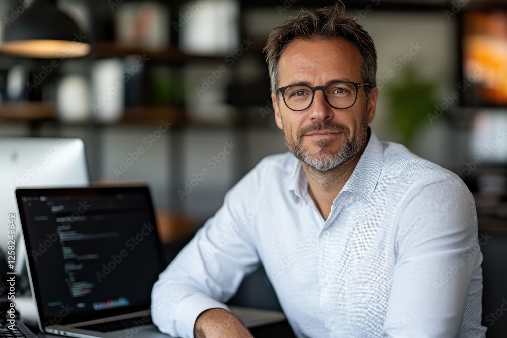 A confident man sitting at his desk with a laptop in a modern office environment, showcasing professionalism and engagement in the technological world around him. A confident man sitting at his desk with a laptop in a modern office environment, showcasing professionalism and engagement in the technological world around him.