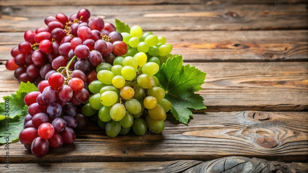 A cluster of red grapes and a cluster of green grapes resting on a rustic wooden surface, with a green leaf behind them. A cluster of red grapes and a cluster of green grapes resting on a rustic wooden surface, with a green leaf behind them.