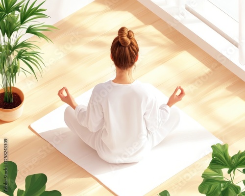 Find inner peace with this image of a Woman practicing pranayama breathing in lotus position on a bed Discover stress and anxiety reduction through mindful meditation techniques Promote relaxation