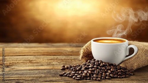 Aromatic Coffee Cup with Fresh Roasted Beans on Wooden Table