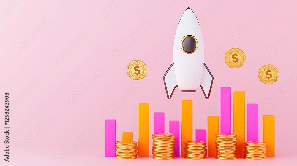 Fototapeta premium Abstract success theme featuring a rocket soaring above bar charts and golden coins, symbolizing growth and achievement against a minimalist backdrop, emphasizing clarity and focus.