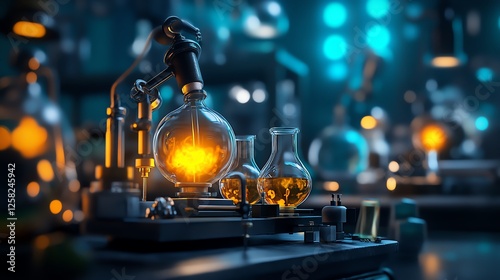 Vintage steampowered laboratory, glowing chemical reactions, 3D illustration photo