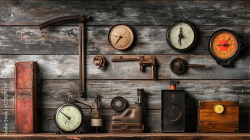 Vintage weather research station with antique barometers, aged weather logs, and a handcranked anemometer photo